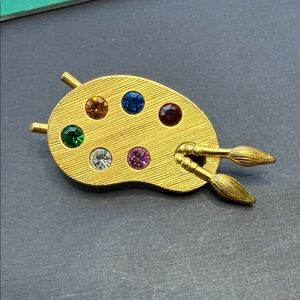 Vintage Artist Palette Brooch with Vibrant Rhinestones